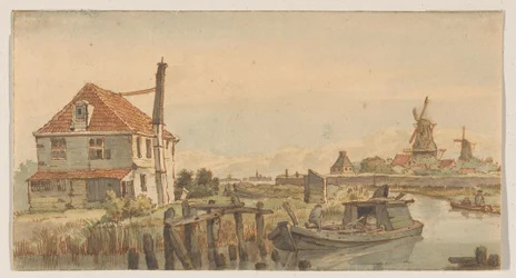 Sejl med en båd, et hus og to vindmøller