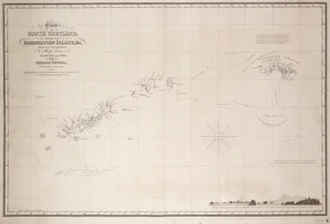 Søkort over Sydshetlandsøerne inklusive Coronation Island, efter sluppen Doves udforskning i årene 1821 og 1822 under George Powell, samme skibs kommandør