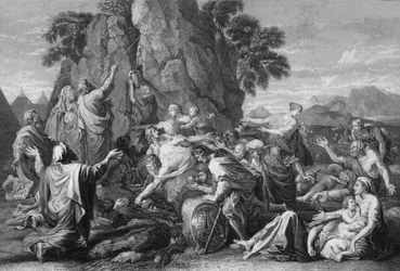 Moses slog klippen to gange, og vandet kom rigeligt ud, 1840.