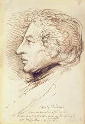 Portræt af Charles Dickens (1812-70) (pen og brunt blæk på papir)