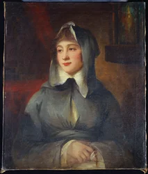 Portræt af en dame, halvlang, som en nonne, der holder en rosenkrans, ved en helligdom i et interiør