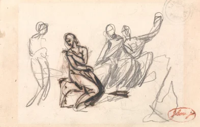 Tre siddende figurer og en stående figur
