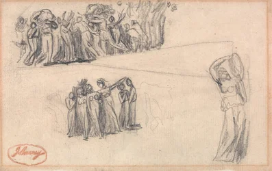 To skitser af kvinder og børn på flugt og en stående kvindefigur, der spiller tamburin som i Lady Anne Levesons "Dancing Gower Children".