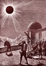 Udforskere i den afrikanske ørken ser på formørkelsen. 1888 (gravering)