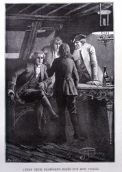 Historiescene på skibspladsen: unge Jim Hawkins foran Dr. Livesey og Chevalier Trelawney - i Stevensons "L