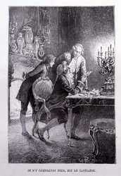 Unge Jim Hawkins, Chevalier Trelawnay og Doctor Livesey forsoner sig i en stue - i "L