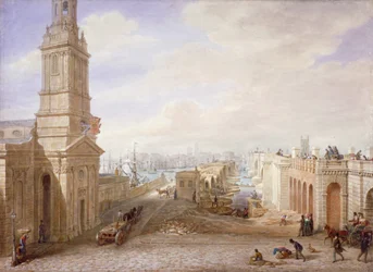 Gamle og nye London-broer ser mod syd, London, 1831.