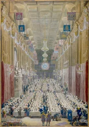 Udsigt over overborgmesterens middag i Guildhall, City of London, 1828