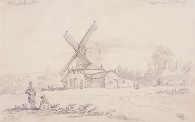 Udsigt over mølle med en vindmølle på Blackheath, Greenwich, London, 1833