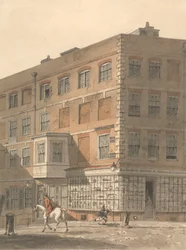 York House, hjørnet af Villiers Street og Strand, med Richardsons gamle og moderne printlager i forgrunden