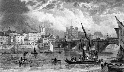 Rochester Bridge, graveret af H. Adlard, ca. 1830