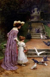 Fodring af duerne. En mor og datter fodrer fugle i en park. Et springvand er afbildet øverst på trappen. Maleri af George Sheridan Knowles (1863-1931, britisk) Privat samling