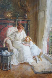 Mother and Daughter at Tea Time (Olie på lærred)