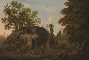 Humleplukkere uden for et sommerhus