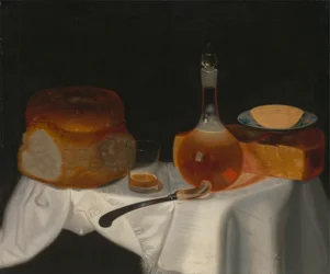 Stilleben af brød, smør og ost