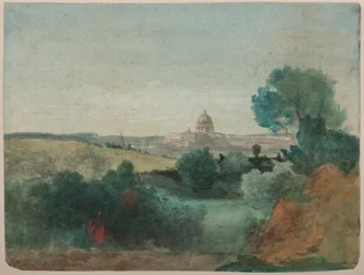 Sankt Peters set fra Campagna, ca. 1850 (wc over blyant på papir)