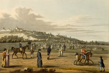 Anmeldelse af de engelske tropper i Montmartre af hertugen af Wellington, 21. oktober 1815, indgraveret af M. Dubourg, 1817