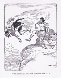 Han sparkede ham over klippen i havet, fra The Heroes udgivet af George Allen og Unwin 1929 (farve litho)
