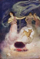 Jason og argonauterne: "Hun hviskede sine magiske besværgelser over ham, og han sprang ud igen et ungt lam" (farve litho)