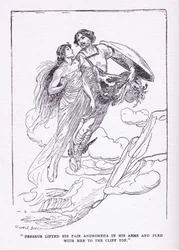 Perseus løftede sin smukke Andromeda i sine arme og flygtede med hende til klippetoppene, fra Heltene udgivet af George Allen og Unwin 1929