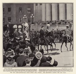 Den nye løjtnants stats indtog i Dublin, processionen passerer rådhuset