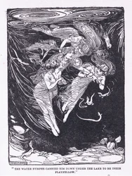 Vandnymferne bar ham ned ad søen til deres legekammerat, fra The Heroes udgivet af George Allen og Unwin 1929 (litho)