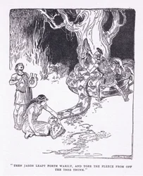 Så sprang Jason træt frem og rev fleece af træstammen, fra The Heroes udgivet af George Allen og Unwin 1929 (litho)