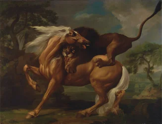 En løve angriber en hest