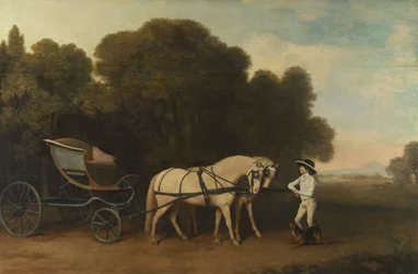 Phaeton med et par creme ponyer og en staldunge