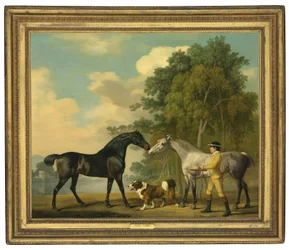 To jægere med en ung brudgom og en hund ved en sø, 1778
