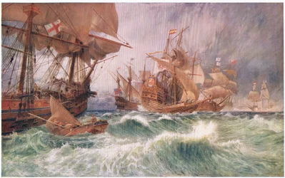 Indkaldelsen til overgivelse: en hændelse i angrebet på den store Armada 1588, fra Cassells History of the British People udgivet af Waverley Book Company, ca. 1950