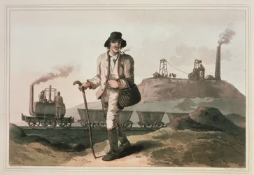 Blenkinsop lokomotiv på Middleton colliery nær Leeds, graveret af Robert og Daniel Havell, 1814