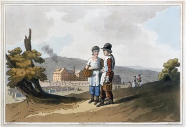 Factory Children, fra `The Costume of Yorkshire graveret af Robert Havell (1769-1832) 1814 (håndfarvet akvatint)