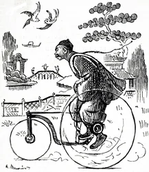 En tegneserie, der forestiller en kinesisk mand, der kører på en trehjulet cykel gennem en park i Kina. Illustreret George du Maurier (1834-1896), en fransk-britisk tegneserieskaber og forfatter