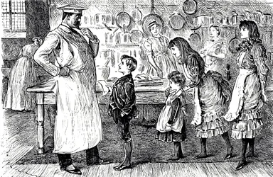 En tegneserie, der forestiller en kok, der tager imod ordrer fra husets børn. Illustreret af George du Maurier (1834-1896), en fransk-britisk tegneserieskaber og forfatter