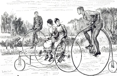 En tegneserie, der forestiller en gruppe unge mennesker, der kører på trehjulede cykel. Illustreret George du Maurier (1834-1896), en fransk-britisk tegneserieskaber og forfatter