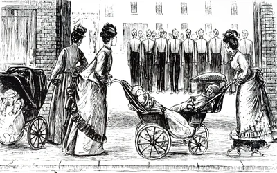 En gravering, der forestiller børnepiger, der kører rundt med børn i perambulationer. Illustreret af George du Maurier (1834-1896), en fransk-britisk tegneserieskaber og forfatter