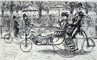 En gravering, der forestiller passagerer, der kører i cykelvogne. Illustreret af George du Maurier (1834-1896), en fransk-britisk tegneserieskaber og forfatter