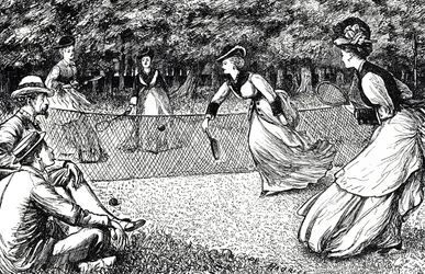 Tegnefilm, der viser et spil tennis på græsplænen