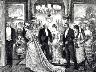 Tegneserie, der skildrer en elegant soirée i et victoriansk hjem