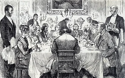 Tegneserie, der skildrer en elegant soirée i et victoriansk hjem