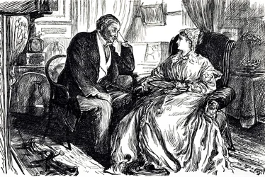 Georges du Maurier tegneserie, der illustrerer en mand og kvinde i samtale om de beroligende fordele ved tran. England 1869