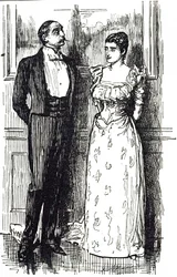 Georges du Maurier tegneserie, der illustrerer en mand og kvinde i samtale ved en samfundsbegivenhed, England 1891