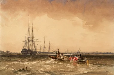På Medway (marinesoldater på vej ud til Indiaman, Northfleet)