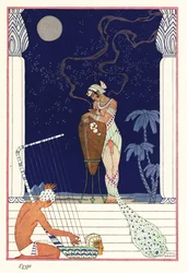 En dronning står og lugter brændt duft, oldtidens Egypten1928 (tryk)