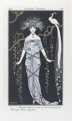 Stor aftenkjole i sølvbrokade. Blå paryk, våbenskjolde, fra Costumes Parisiens, pub.1914 (stenciltryk)