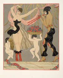 The Dance of the Flowers, illustration fra Les Chansons de Bilitis, af Pierre Louys, pub. 1922 (stenciltryk)