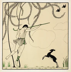 "Narcisse". Scene fra Narcisse, en klassisk ballet opført i én akt. Narcisse havde premiere i 1911 i Monte Carlo. Drengen er i luften og danser, bærer på en hyrdeskurk, et lam står på bagbenene.