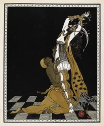 Nijinsky som den gyldne slave i Sheherazade, en symfonisk suite komponeret af Nikolai Rimsky-Korsakov i 1888. Han knæler foran Sheherazade, begge klædt i arabisk stildragt.
