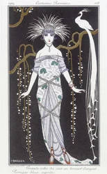 Sølvbrokade aftenkjole og paryk - Illustration af George Barbier (1882-1932). i "" Journal des dames et des modes: Costumes Parisiens""
